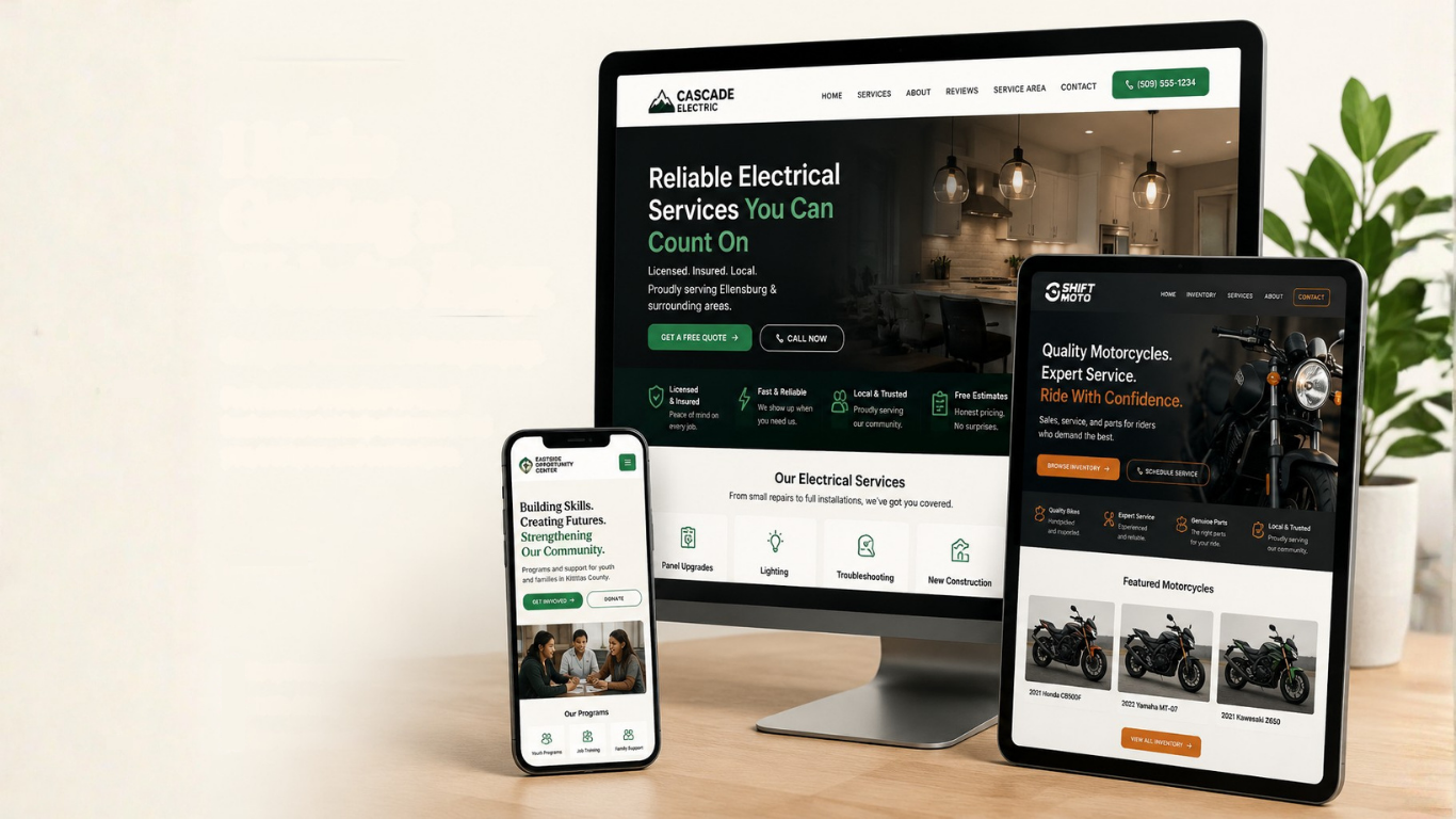 Professional small business website shown on desktop, tablet, and phone