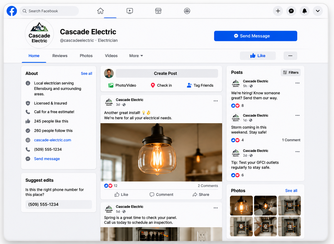 Example small business Facebook page — Cascade Electric
